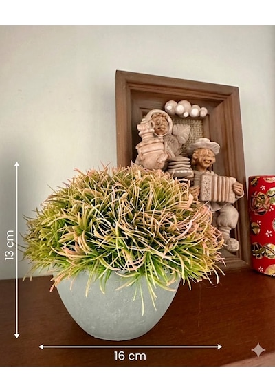Premium Yapay Saksılı Çim Bitki - Dekoratif Ev Ofis Aksesuarı 13x16 Cm Bej