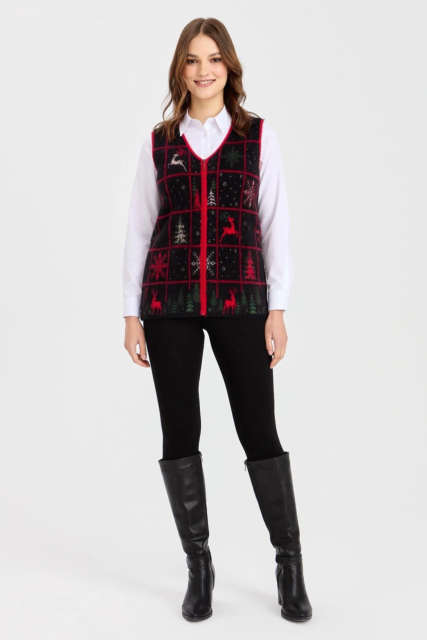 Desen Triko Kadın V Yaka Patchwork Yılbaşı Desenli Yelek Siyah Siyah
