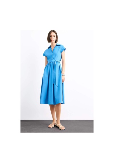 Defacto Terry Cotton Kısa Kollu Kemerli Midi Elbise G0392ax25smbe723 Mavi