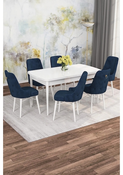 Zümra Serisi, Beyaz 80x132 Açılabilir Mdf Mutfak Masası Takımı 6 Adet Sandalye Lacivert Zümra Serisi, Beyaz 80x132 Açılabilir Mdf Mutfak Masası Takımı 6 Adet Sandalye Lacivert