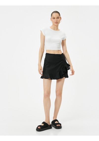 Koton Fırfırlı Mini Keten Şort Etek Slim Fit Fiyonk Detaylı Siyah 4sal70013ıw Siyah