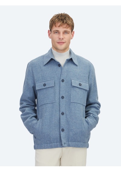 Kip Mavi Düz Regular Fit Uzun Dokuma Yün Karışımlı Overshirt