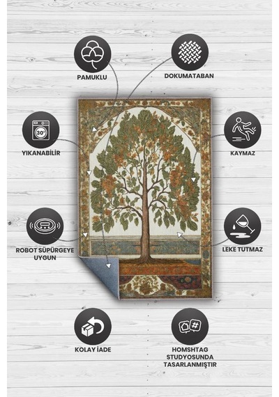 Homshtag Art Deco Kavak Ağacı Vintage Halı Görünümlü Dijital Baskı Renkli Halı,rustik Çiçekli Halı Çok Renkli