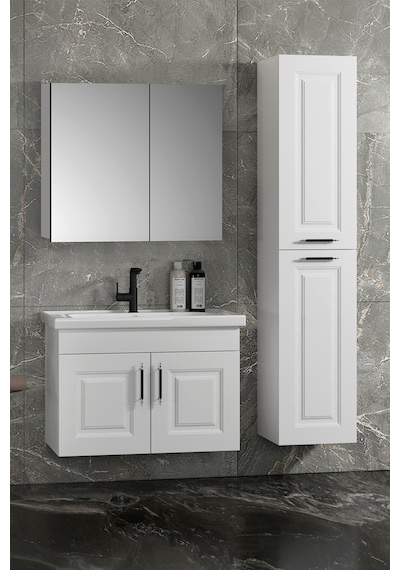Salkım 65+35 Cm Beyaz Balon Mdf Seramik Lavabolu Asma Banyo Dolabı Takımı