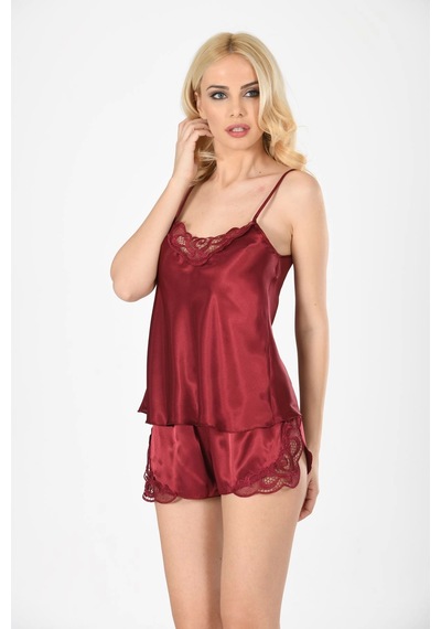 Bordo Saten Babydoll Şortlu Takım - 281 Çok Renkli