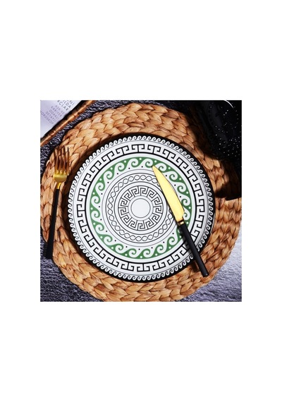 6lı Yeşil Siyah Desenli Seramik Servis Sunum Tabağı Seti - 26cm