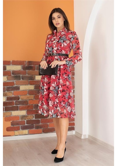Dip Moda Kadın Gömlek Yaka Kemerli Çiçekli Şifon Elbise Dpry0031 Bordo