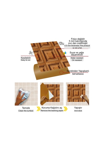 Tink Kendinden Yapışkanlı Zemin Kaplama, Duvar Kaplama Kare Ahşap Desenli 30x30 Cm 11 Adet 1 M²