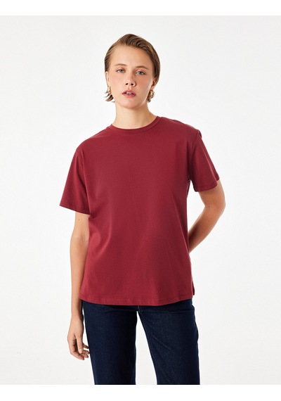 Koton Pamuklu Kısa Kollu Bisiklet Yaka Oversize Basic Tişört Bordo 7wak50007ek