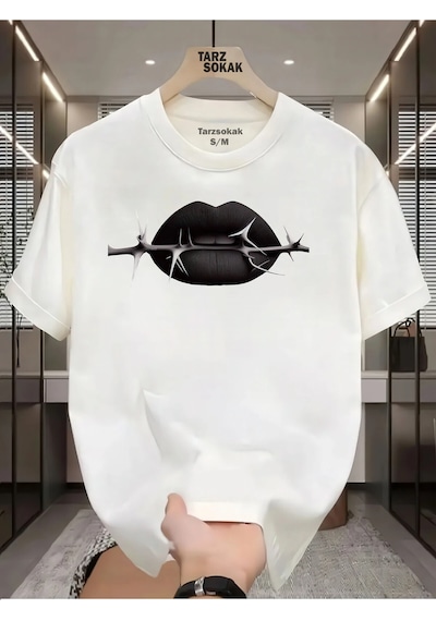Tarzsokak Unisex Dudak Lips T-shirt Beyaz