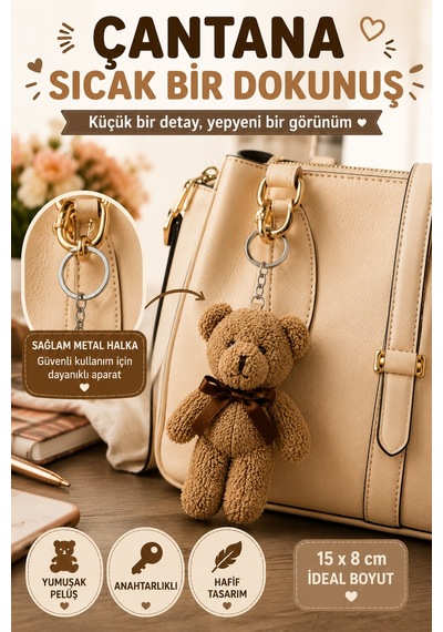 1 Adet Kahverengi Peluş Ayıcık Anahtarlık 15x8 Cm Çanta Sırt Çantası Anahtar Aksesuar Sevimli Fiyonk