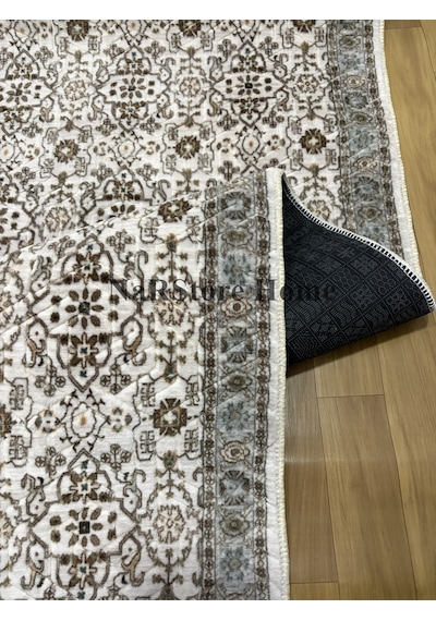 Merinos Çiçekli Otantik Krem Kahve Yeşil Kalın Kaymaz Taban Kesm Krem-yeşil