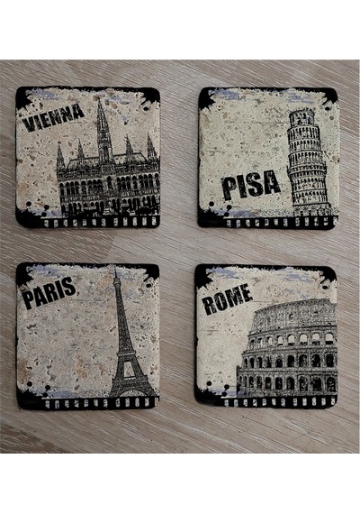Siyah Beyaz Pisa Kulesi Roma Paris Venedik Doğal Taş Bardak Altlığı 4'lü Set - Natural Stone Coasters - Taş Beyaz - Siyah