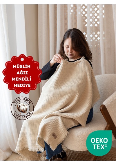Zeypba 4 Katlı Müslin Emzirme Örtüsü & Puset Örtüsü Püsküllü 90x110 CM Bej