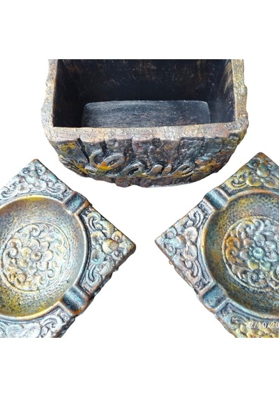 El Yapımı Vintage Eskitme Dekoratif Küllük Ve Kalemlik Seti Kabartma Desenli Bronz, Mavi Ve Altın Efektli Tasarım
