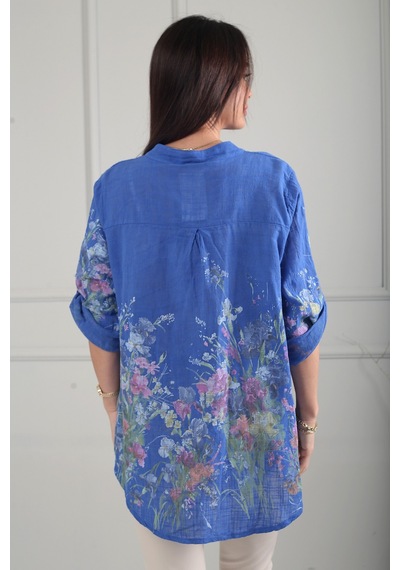 By Saygı Kadın Çiçek Desenli İtalyan Cotton Oversize Gömlek Saks