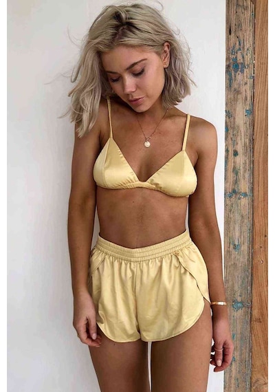 Merry See Saten Sütyen Şort Pijama Takım Sarı (417867704)