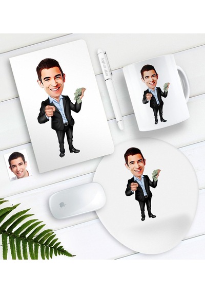 Kişiye Özel Bay Bankacı Karikatürlü Defter Kalem Kupa Mouse Pad S