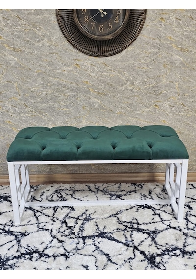 Zafir Beyaz Boyalı İçi Kareli Diktörtgen 100 Cm X 40 Cm Oturak Puf - Bench - Makyaj Oturağı - Oturak Yeşil