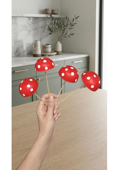 Dekoratif El Yapımı Kırmızı Mantar Saksı Süsü 4 Lü Set