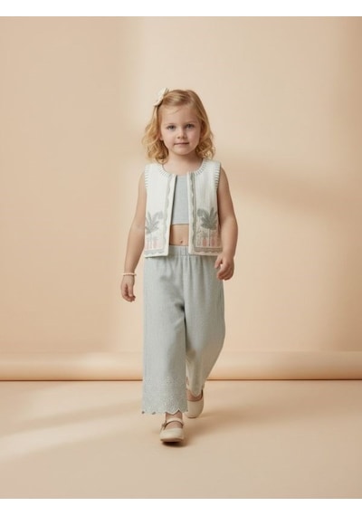 Zekids Kız Çocuk Yelek Crop Pantolon Üçlü Tasarım Takım-17243 Çok Renkli