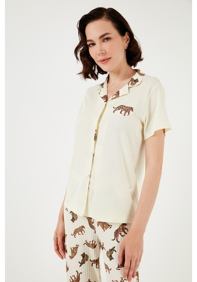 Lela Regular Fit Gömlek Yaka Kısa Kollu Bayan Pijama Takımı 65740102 Bej