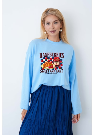 Medinenur Kadın Raspberry Baskılı Geniş Kollu Oversize Body Mavi