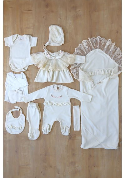 Sitilin Kız Bebek Dantelli 10'lu Hastane Çıkışı Seti %100 Pamuk Natural Kundak Battaniyeli Lüks Set Stl7256 Ekru