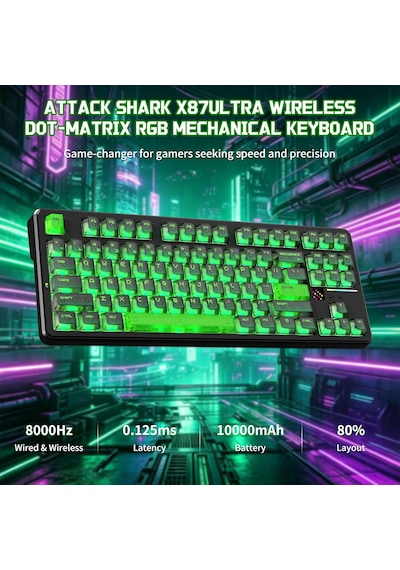 X87 Ultra Kablosuz Oyun Klavyesi, Nokta Matrisi Ekranlı, Bt/2,4 Ghz/kablolu,%75 Hot-swap, 10000mah, Rgb, Kablosuz Shark Fin, Pc/mac, Shadow Jade