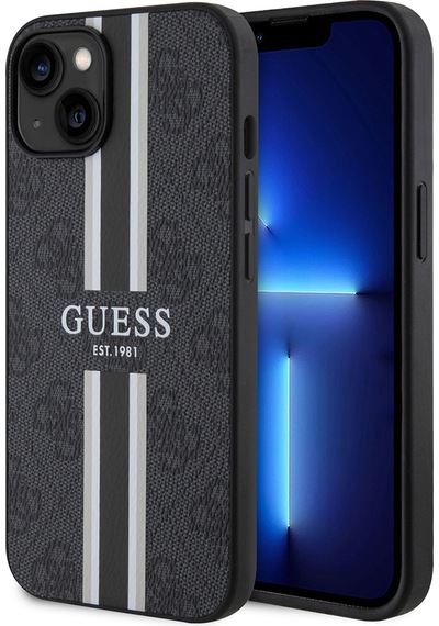 Apple Uyumlu iPhone 14 Kılıf Guess Lisanslı Magsafe Şarj Özellikli 4g Şerit Tasarımlı Printed Kapak Siyah