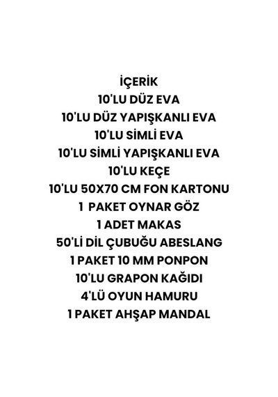 Okul Etkinlik Seti , Anaokul Etkinlik Malzemeleri Eva Keçe Makas Fon Kartonu Yapıştırıcı Oyun Hamur