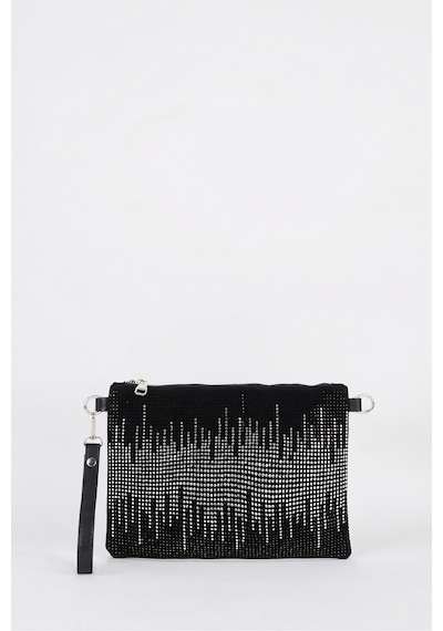 Vivaq Kadın Dalgalı Gümüş Taşlı Süet Bilek Askılı Ve Zincir Askılı Portföy El Ve Clutch Çanta SİYAH