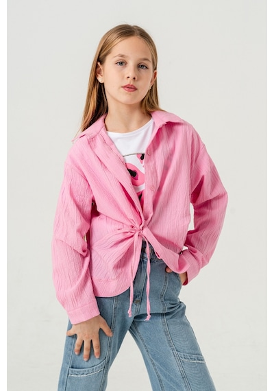 Giyicem Kız Çocuk Önden Bağcıklı Gömlek T-shirt İkili Takım 1801 Pembe