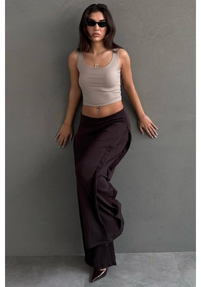 Madmext Kahverengi Dökümlü Cepli Krep Kumaş Wide Leg Pantolon Mg2668 Kahverengi