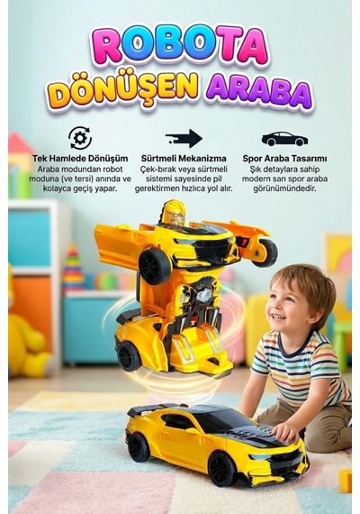 Robota Dönüşen Araba - Tek Hamlede Otomatik Dönüşüm, Sürtmeli Mekanizma Sarı Spor Araba Robot Oyuncak