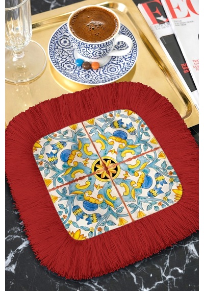İtalyan Roma Desenli Saçaklı Sunum Peçetesi - Akdeniz Bohem Mavi Sarı Kırmızı Bardak Altlığı Mendil Çok Renkli