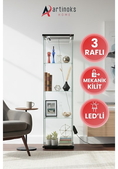 3 Raflı Ledli Kilitli Cam Vitrin Dolap Gümüşlük Koleksiyon Sergi Kitaplık Büfe Mutfak Raflı Detolf Siyah 3 Raflı Ledli Kilitli Cam Vitrin Dolap Gümüşlük Koleksiyon Sergi Kitaplık Büfe Mutfak Raflı Detolf Siyah