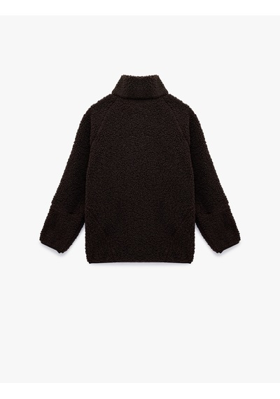 Koton Uzun Kollu Dik Yaka Cep Detaylı Fermuarlı Oversize Peluş Ceket Kahverengi 6wmg60028ık Kahve