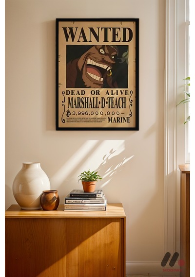 One Piece Kara Sakal Wanted Poster, Siyah Çerçeveli Duvar Tablosu - Anime Severlere Özel Hediye