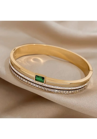 Zümrüt Gold Crystal Zirkon Taşlı Kelepçe Bileklik Gümüş - Altın