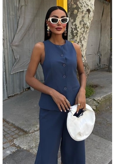 De'charme Midi Şortlu Ve Yelekli Viscon Takım 10167 Indigo