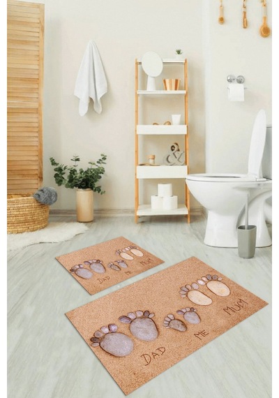 Buççin Online Mağaza 3d Dijital Baskılı Kaymaz Taban Yıkanabilir İkili Banyo Takımı Klozet Takımı Polyester Kahverengi Çok Renkli