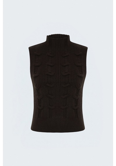 Sateen Örgülü Sıfır Kol Triko - Kahve-137891
