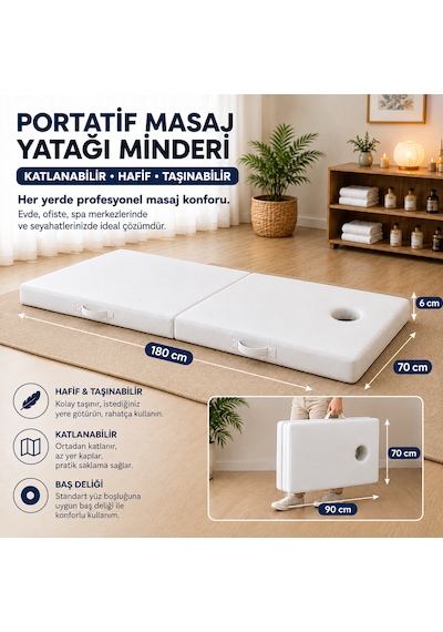 Masaj Yatağı Portatif Katlanabilir Masaj Yatağı Minderi 6 Cm Sünger 180x70 Cm Beyaz