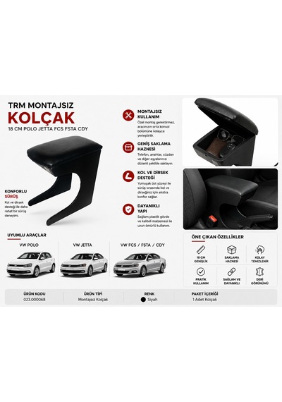 Trm Montajsız Araç Kolçağı 18 Cm Saklama Hazneli