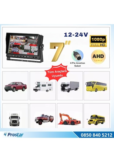 7 İnç 4 Kanal Full Hd Bsd Kör Nokta Uyarılı Ahd Quad Araç Monitörü Aktif Nesne Algılama + Sesli İkaz 12-24v