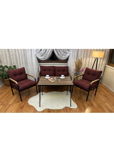 Modern Van Balkon, Bahçe, Cafe - Metal Kanepe Koltuk Takımı - 2+1+1 + Masa Bordo Modernb1 Bordo