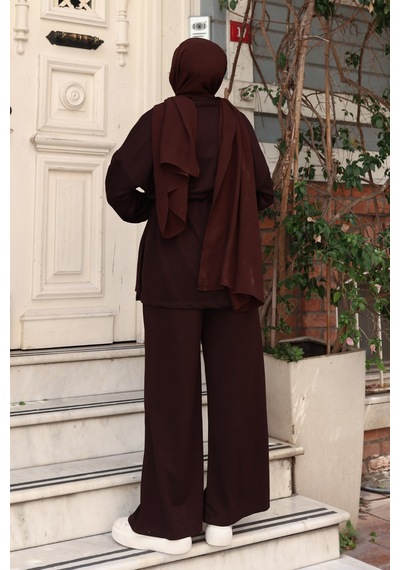 Balenbi Kadın Oversize Kesim Fermuarlı Yaka Bel Stoperli Modal Takım 1234 Kahverengi