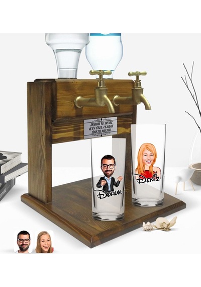 Kişiye Özel Erkek Ve Kadın Tasarımlı İkili Rakı Bardağı Ve Çift Musluklu Doğal Ahşap Rakı Standı-4