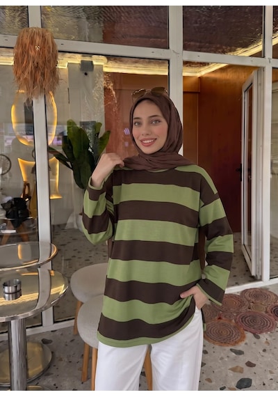 Trend Paris Çizgili Yanı Yırtmaçlı Rahat Kalıp Tunik Bluz Haki 40